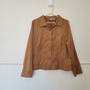 Chicos Caramel Brown Crinkle Texture Button Front Jacket Womens Size 3 Large XL